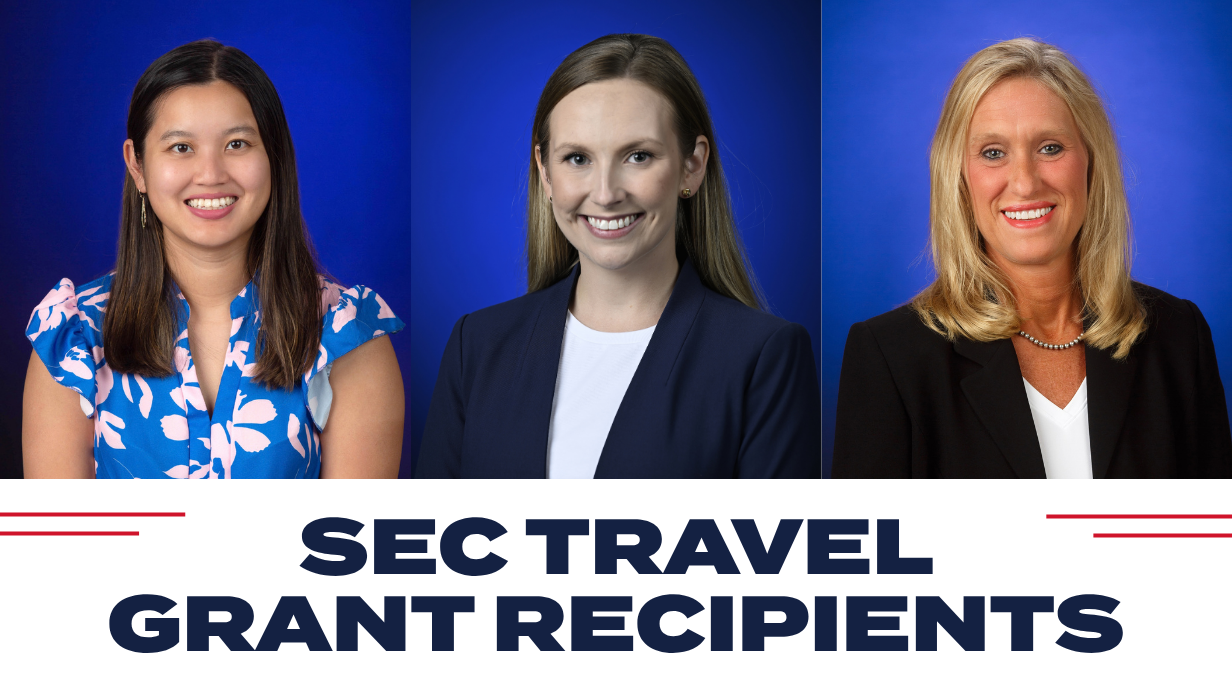 This image has text that says "SEC Travel Grant Recipients" with two red lines and headshots of Ha Phan, Julie Feimster, and Kim Adcock