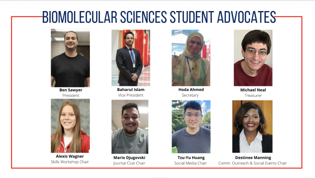 Graphic with photos of Ben Sawyer, Baharul Islam, Hoda Ahmed, Michael Neal, Alexis Wagner, Mario Djugovoski, Tzu-Yu Huang, Destinee Manning, text that says: ‘BioMolecular Sciences Student Advocates; Ben Sawyer, President; Baharul Islam, Vice President; Hoda Ahmed, Secretary; Michael Neal, Treasurer; Alexis Wagner, Skills Workshop Chair; Mario Djugovoski, Journal Club Chair; Tzu-Yu Huang, Social Media Chair; Destinee Manning, Community Outreach and Social Events Chair”