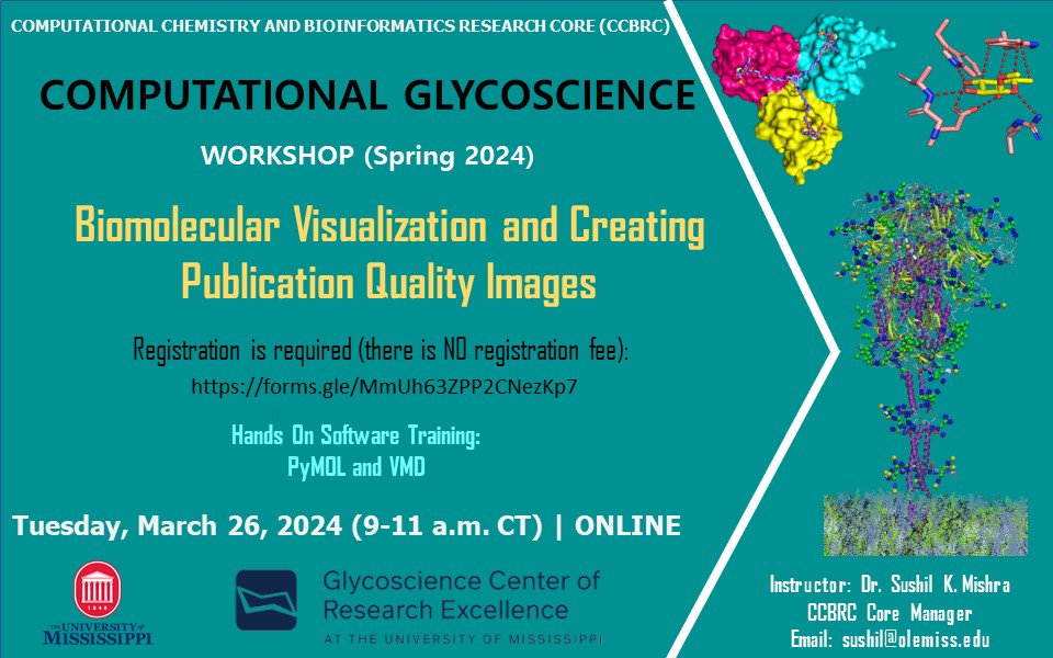 Image of flyer. Text says: Computational Chemistry and Bioinformatics Research Core (CCBRC) Computational Glycoscience Workshop (Spring 2024). Biomolecular Visualization and Creating Publication Quality Images. Registration is required (there is NO registration fee): https://forms.gle/MmUh63ZPP2CNexKp7 Hands on Software Training: PyMOL and VMD Tuesday, March 26, 2024 (9-11 a.m. CT) Online Glycoscience Center of Research Excellence at The University of Mississippi Instructor: Dr. Sushil K. Mishra, CCBRC Core Manager, Email: sushil@olemiss.edu
