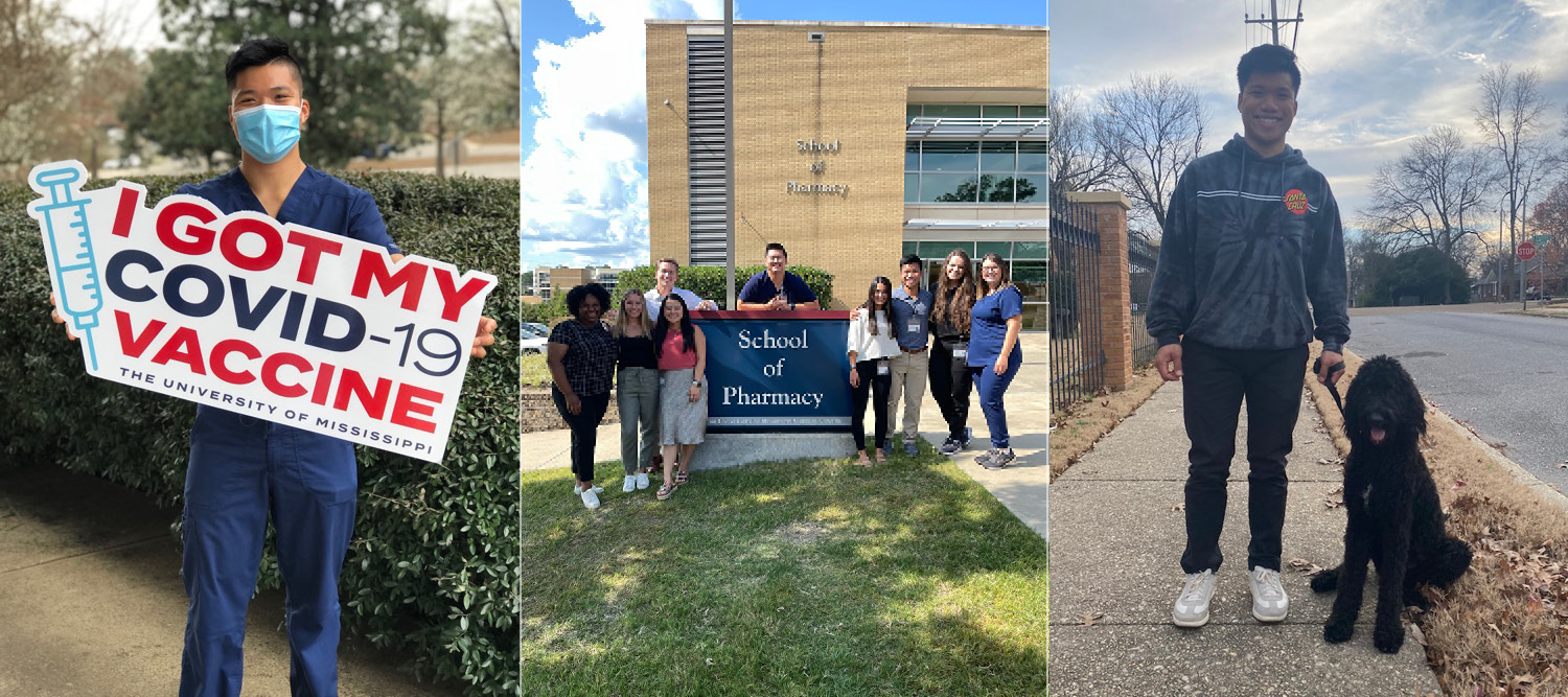 Three side-by-side photos of Eric Pham holding "I got my covid-19 vaccine" sign, with friends outside of pharmacy school and him walking his dog.