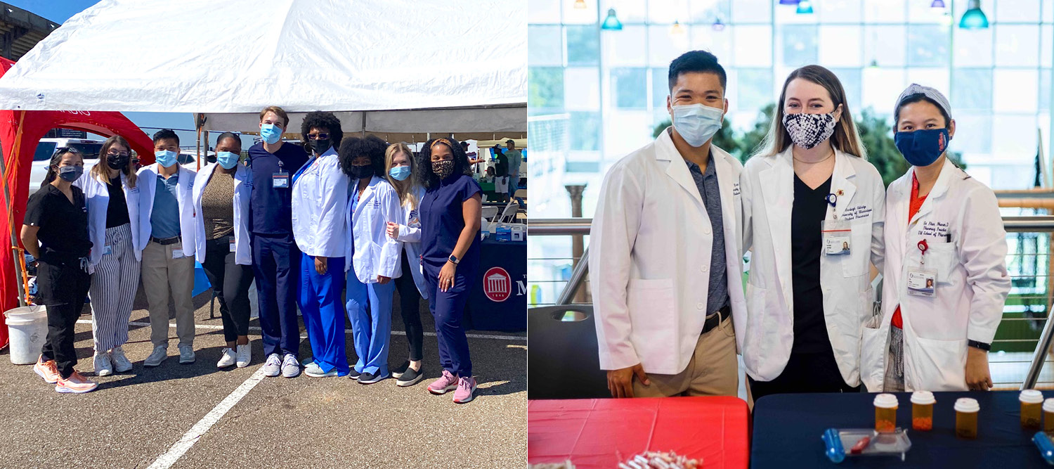 Side-by-side pictures of a group at a health screening and three people working a children's health fair.