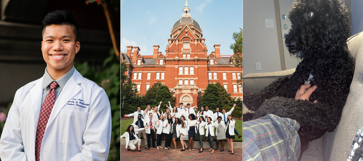 Side-by-side photos of Eric Pham in white coat, student interns in front of Johns Hopkins building and Eric's dog on couch.