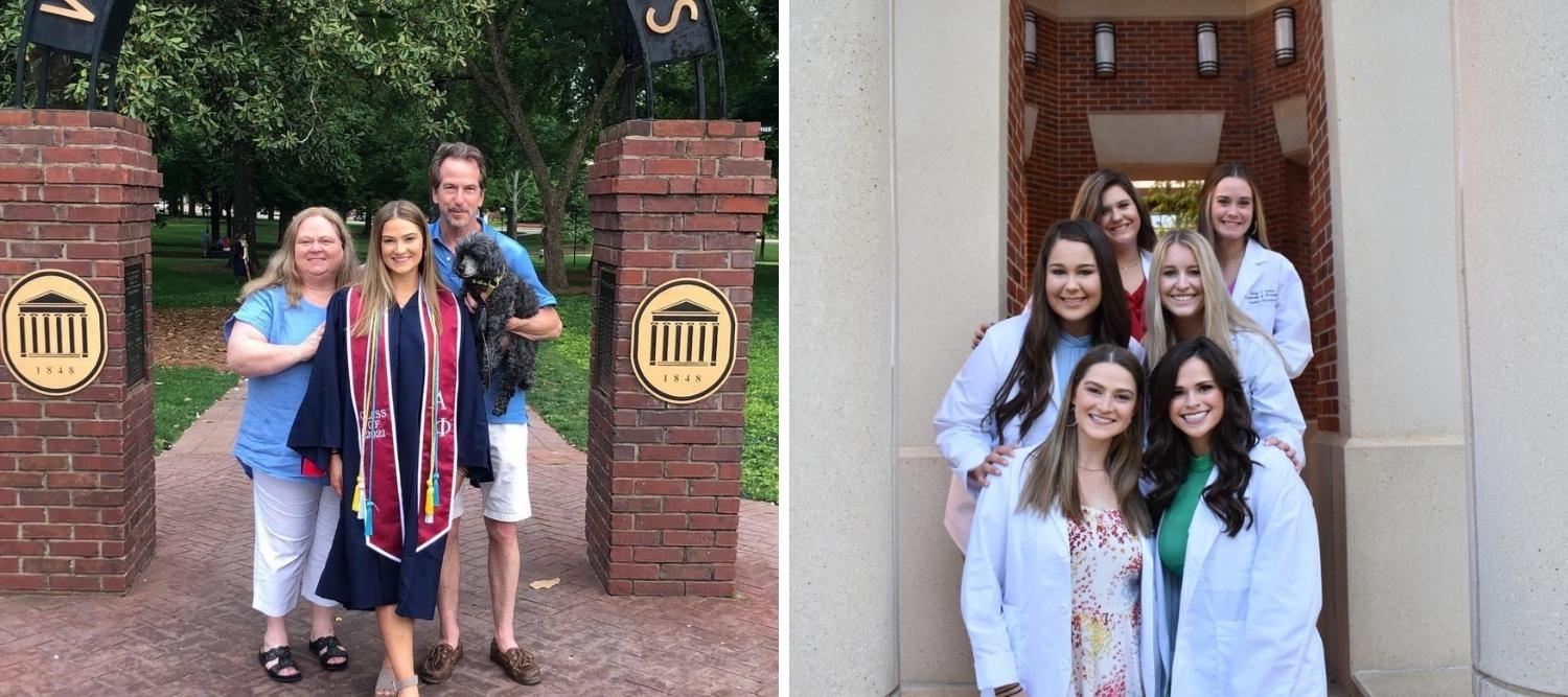 Two side-by-side photos of Izzabella Christian with her parents and dog outside at The Grove and with friends outside of pharmacy school