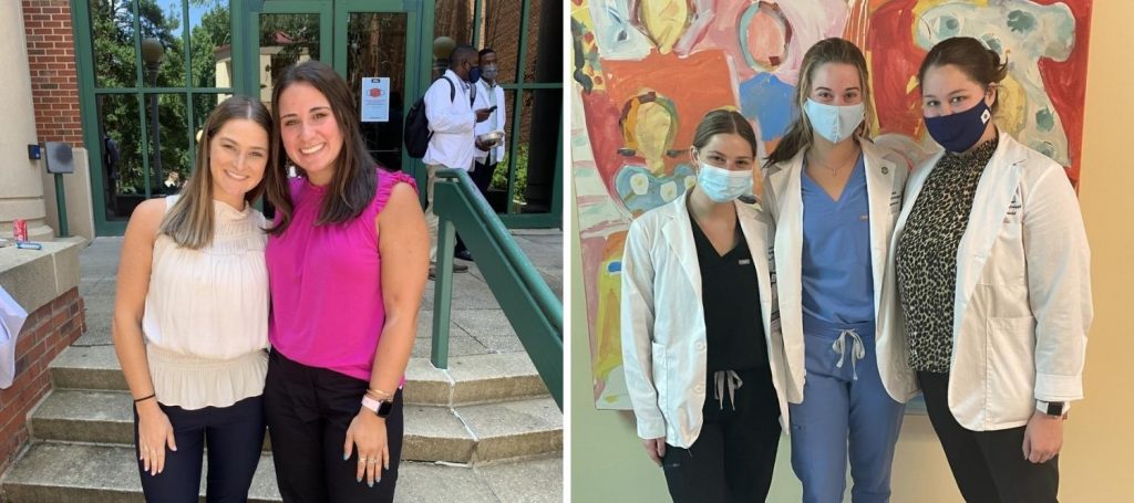 Two side-by-side photos of Izzabella Christian standing outside with friend and standing inside with fellow pharmacy students