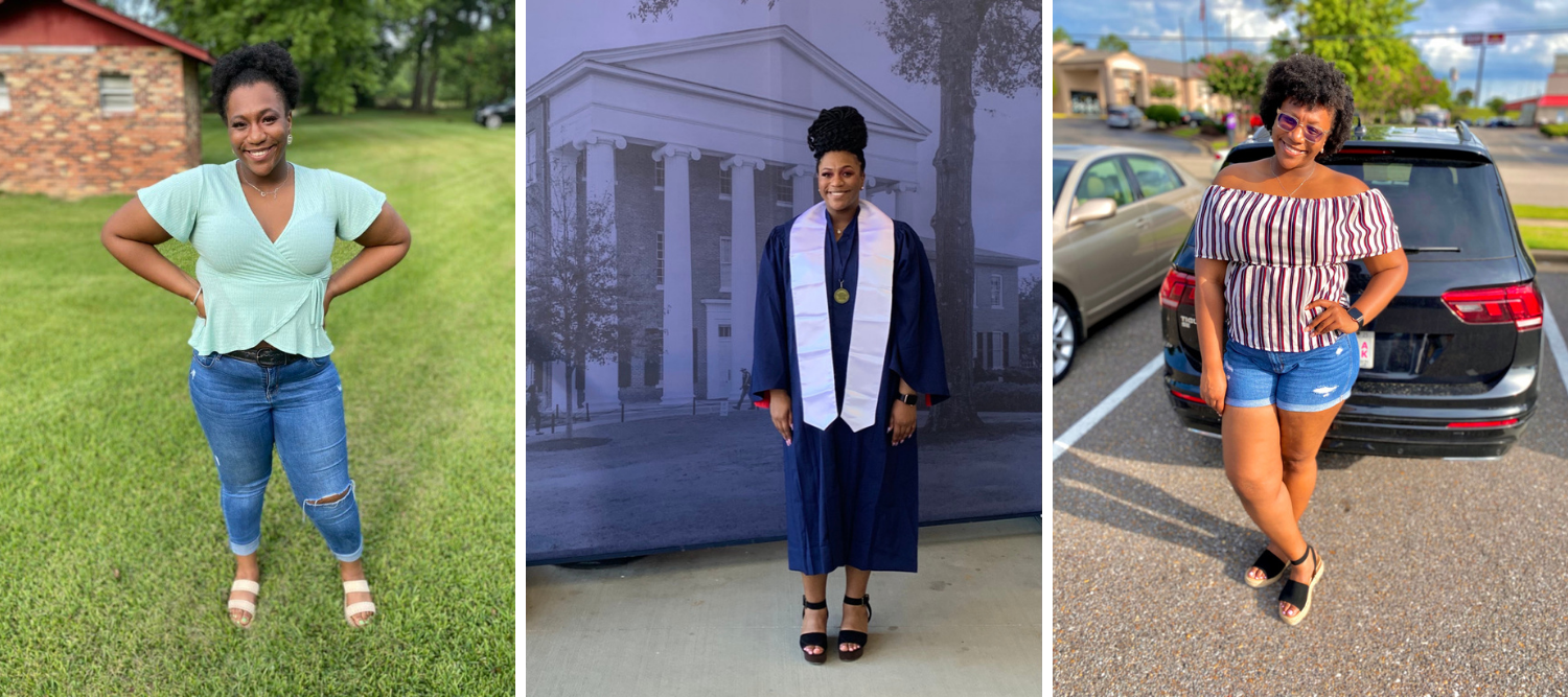 Three side-by-side photos of Licamied Macklin standing in a house yard, in front of a Lyceum backdrop at graduation and in casual wear in front of a car.