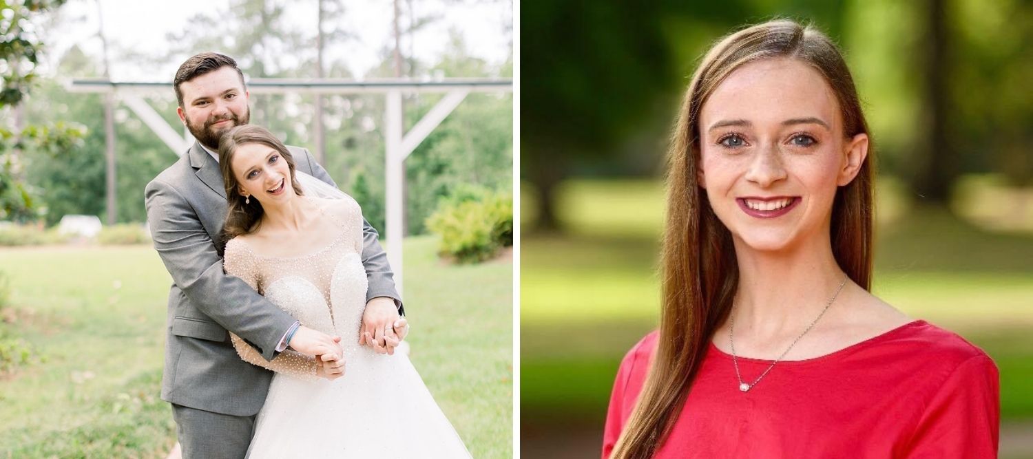 Two side-by-side photos: Leah Franks and her husband Noah; photo of Leah Franks smiling