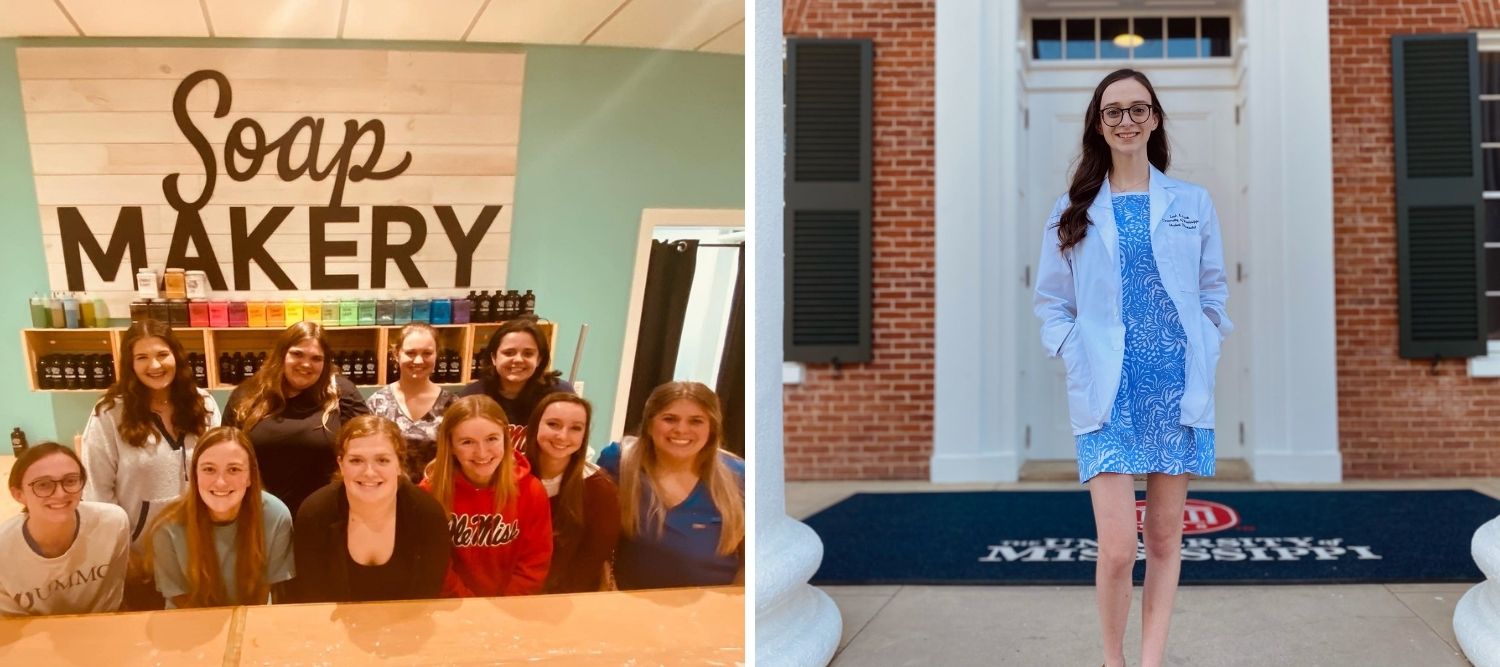 Two photos side-by-side: Leah Franks posing with fellow students; standing in front of the Sally McDonnell Barksdale Honors College